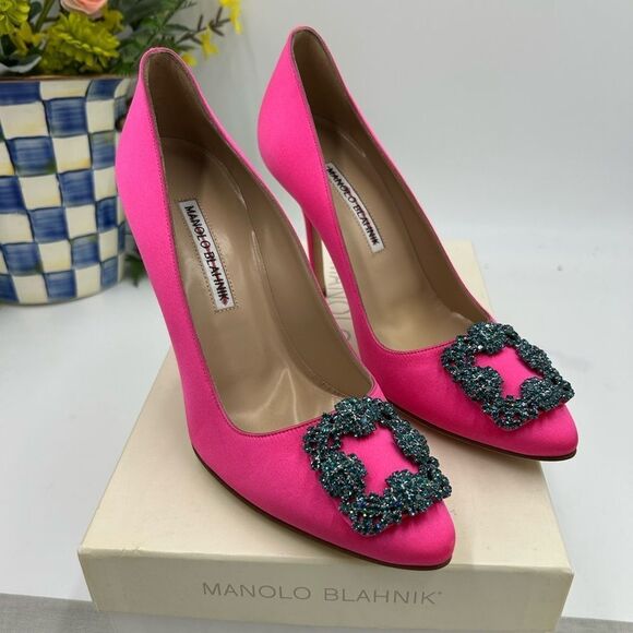 Women’s Manolo Blahnik hangisi 105 satin heels size 37.5 made in Italy - Picture 1 of 10